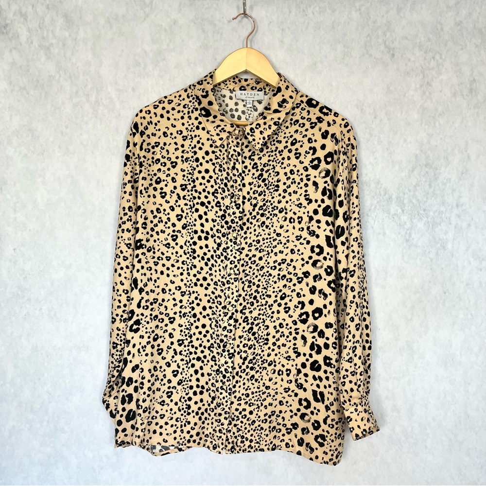 Tan Leopard Print Flowy Button-Up Long Sleeve Blouse Office to Evening wear